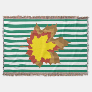 Emerald Autumnal Stripes with Leaves Throw Blanket