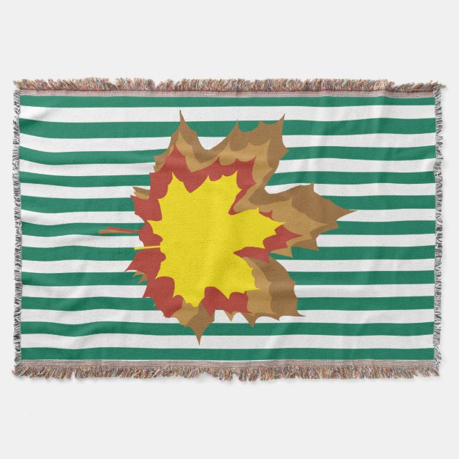 Emerald Autumnal Stripes with Leaves Throw Blanket (Front)