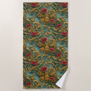 Emerald Baroque Floral with Gold Ornaments Beach Towel