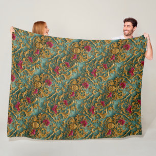 Emerald Baroque Floral with Gold Ornaments Fleece Blanket