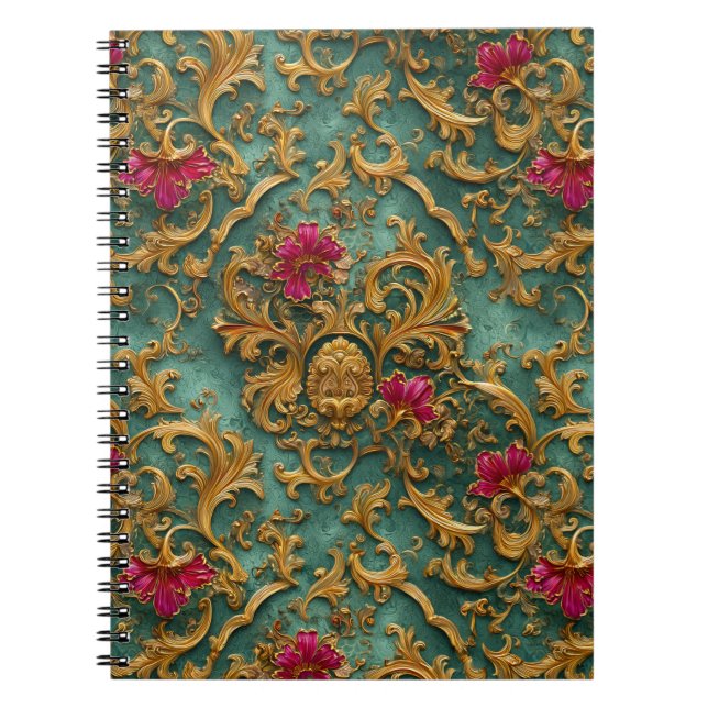 Emerald Baroque Floral with Gold Ornaments Notebook (Front)