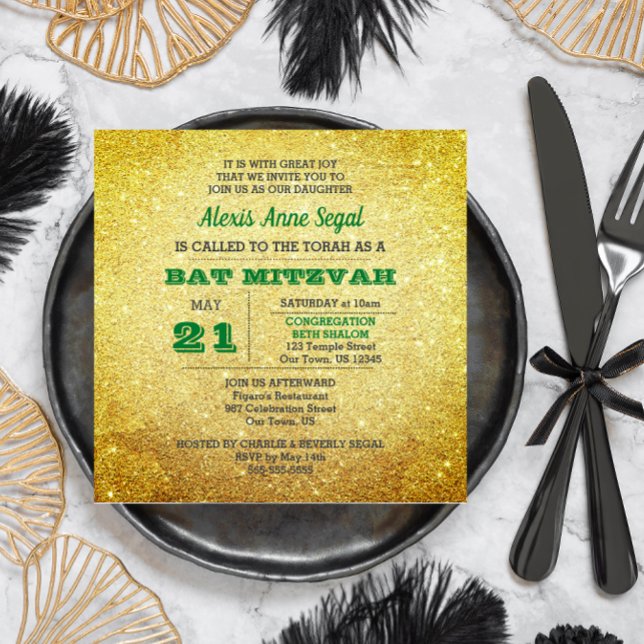 Emerald Birthstone Glitter Glam Bat Mitzvah Invitation (Creator Uploaded)