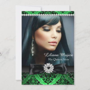 Emerald Black Diamond Bow & Damask Quinceanera Invitation