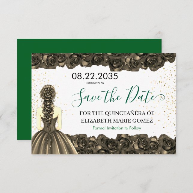 Emerald & Black Quinceañera Save the Date (Front/Back)