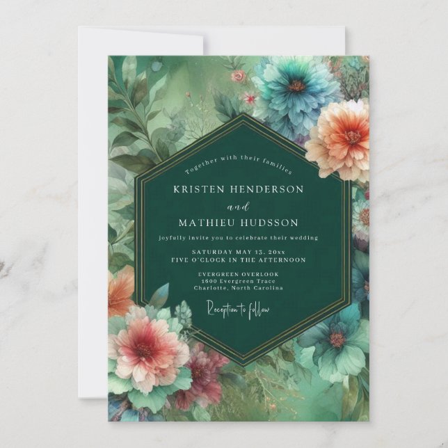 Emerald Bloom Whimsy Wedding Invitation (Front)
