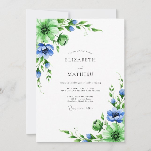 Emerald Blue Botanical Spring Wedding Invitation (Front)