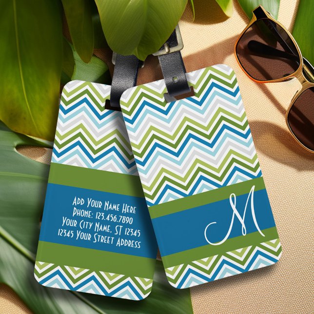 Emerald & Blue Chevron Pattern with Monogram Luggage Tag (Personalized luggage tag - Add Your contact information and monogram)