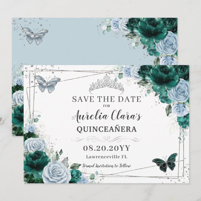 Emerald Blue Floral Silver Quinceanera XV Sweet 16 Save The Date (Front/Back)