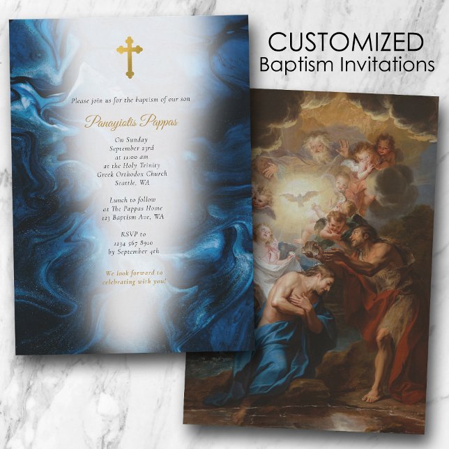 Emerald Blue Marble Christening Christian Baptism Invitation (Emerald Blue Marble Orthodox Christian Baptism Invitation)