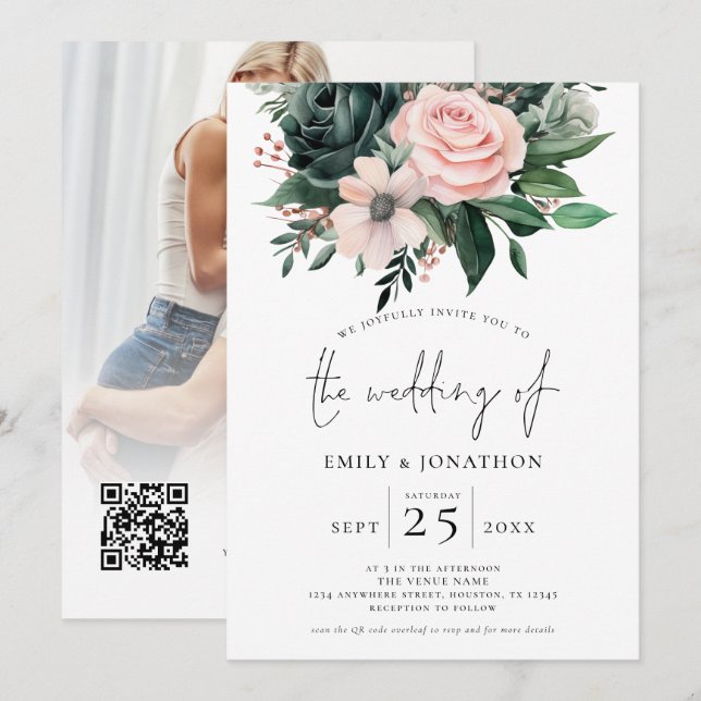Emerald Blush Floral Photo Overlay QR Code Wedding Invitation (Front/Back)