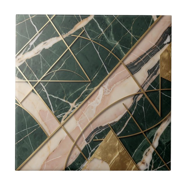 Emerald Blush Marble Gold Geometric Abstract Tile (Front)