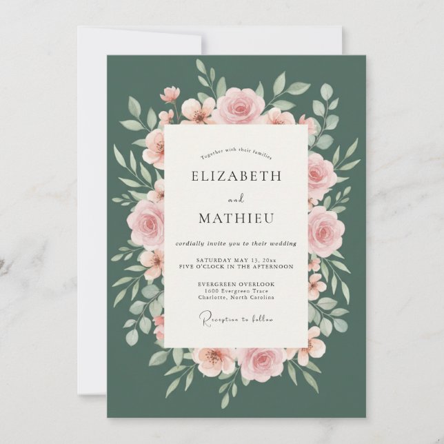 Emerald Blush Wreath Wedding Invitation (Front)