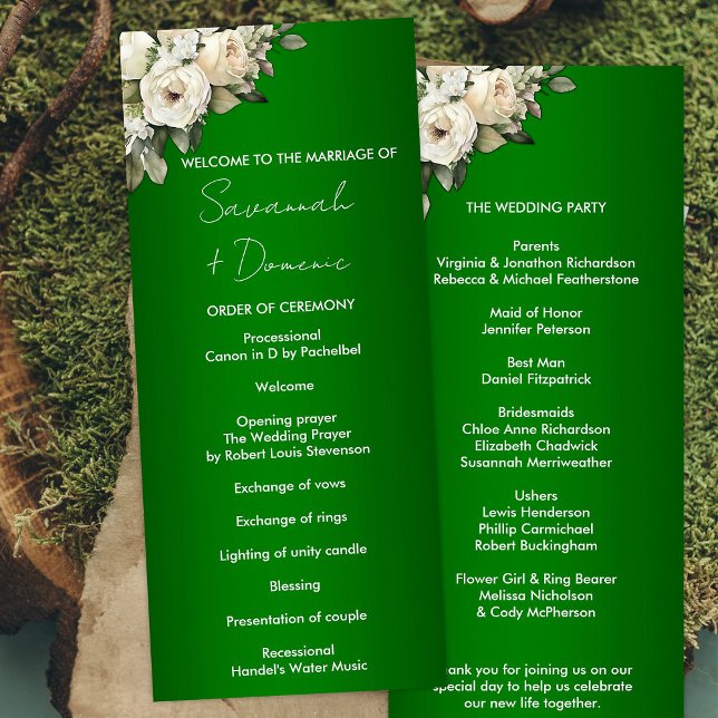 Emerald Boho White Roses Wedding Program Programme (Creator Uploaded)