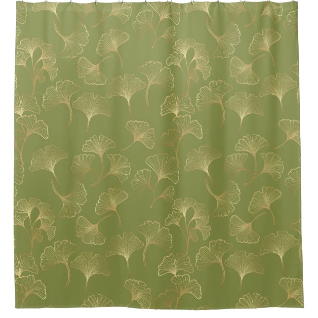 Emerald Botanical Gold Ginkgo Leaf Luxury Pattern Shower Curtain (Front)