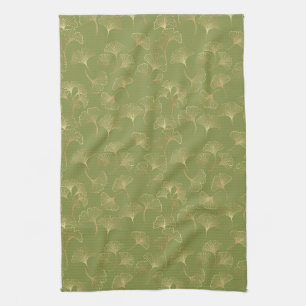 Emerald Botanical Gold Ginkgo Leaf Luxury Pattern Tea Towel