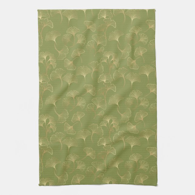 Emerald Botanical Gold Ginkgo Leaf Luxury Pattern Tea Towel (Vertical)