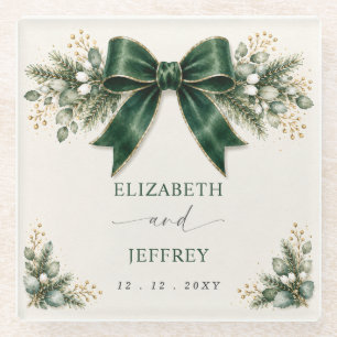 Emerald Bow Botanical Floral Winter Wedding Glass Coaster