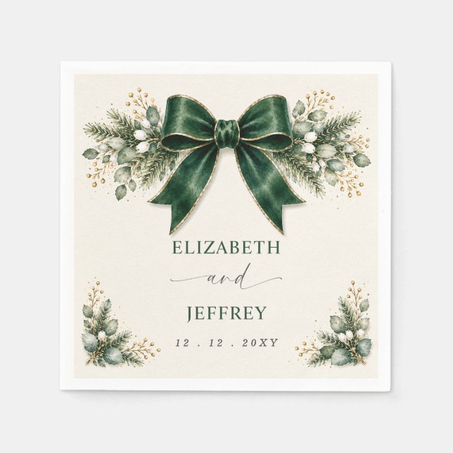 Emerald Bow Botanical Floral Winter Wedding Napkin (Front)
