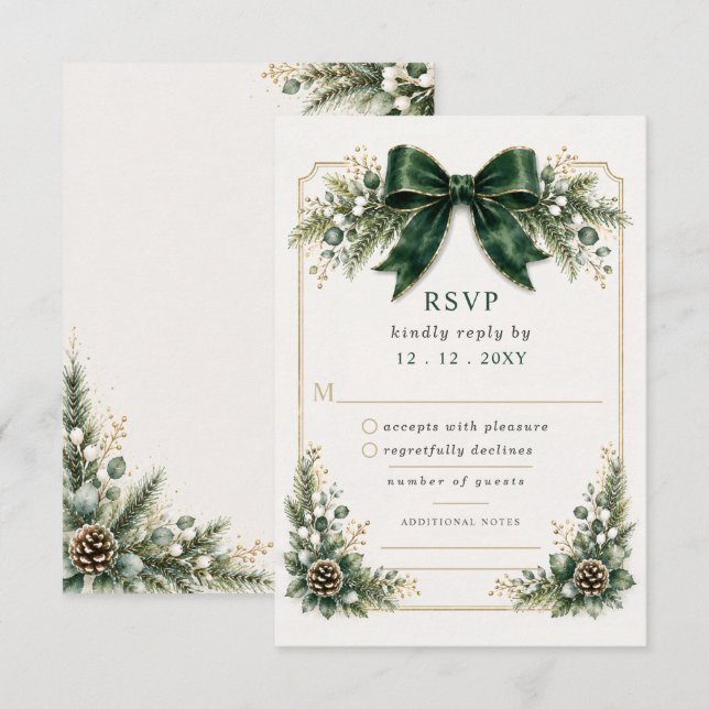 Emerald Bow Botanical Floral Winter Wedding RSVP Card (Front/Back)