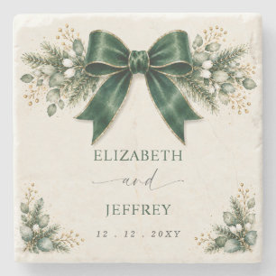 Emerald Bow Botanical Floral Winter Wedding Stone Coaster