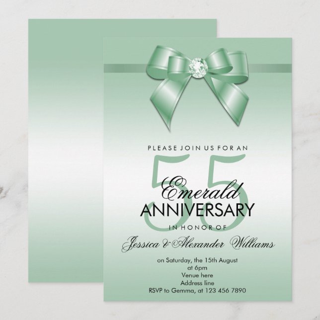Emerald Bow & Ribbon 55th Wedding Anniversary Invitation (Front/Back)