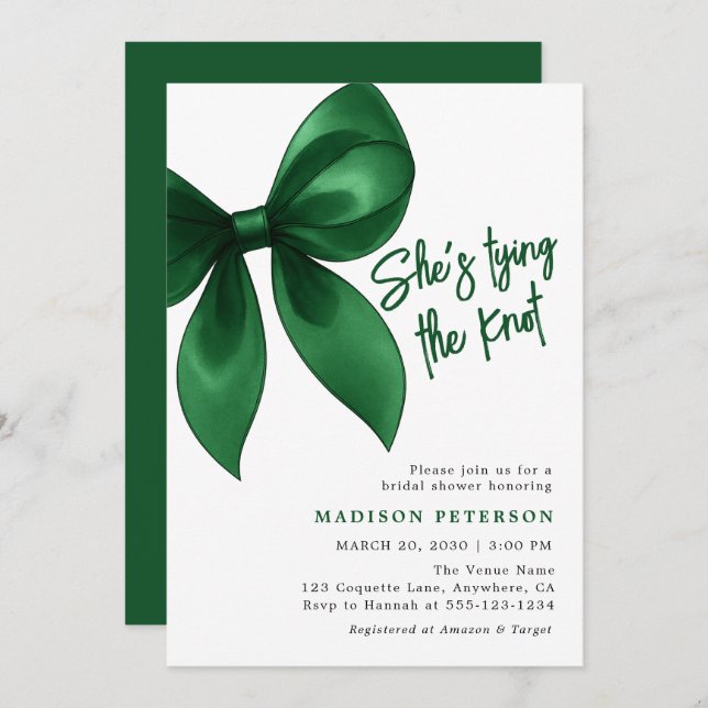 Emerald Bow She's Tying the Knot Bridal Shower Invitation (Front/Back)