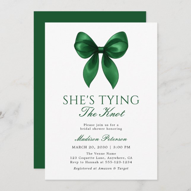Emerald Bow She's Tying the Knot Bridal Shower Invitation (Front/Back)