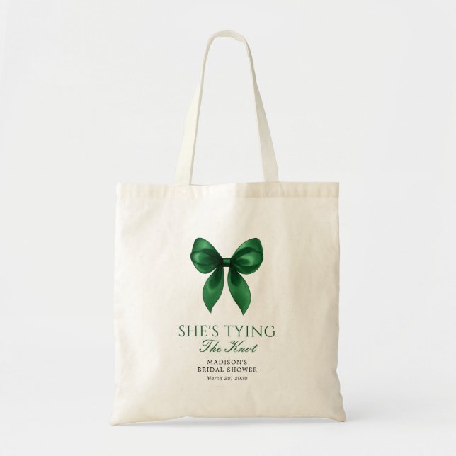 Emerald Bow She's Tying the Knot Bridal Shower Tote Bag (Front)