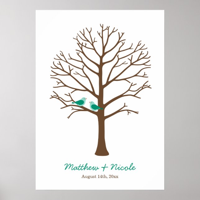 Emerald Brown Birds Fingerprint Tree Wedding Poster (Front)