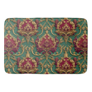 Emerald Burgundy Baroque Damask Bath Mat