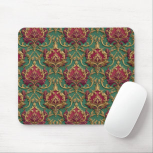 Emerald Burgundy Baroque Damask Mouse Mat