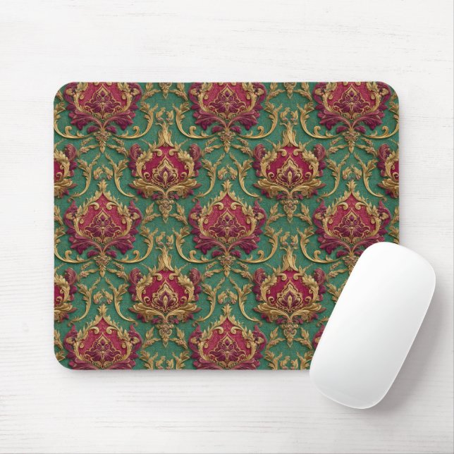 Emerald Burgundy Baroque Damask Mouse Mat (With Mouse)