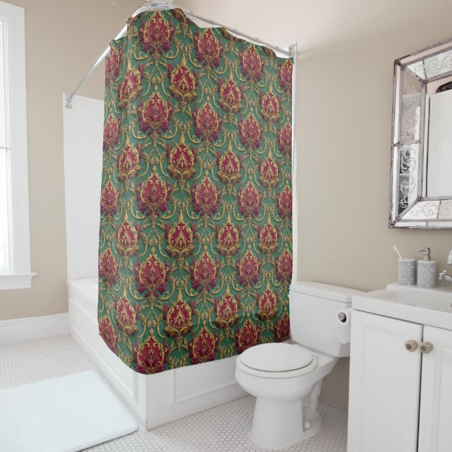 Emerald Burgundy Baroque Damask Shower Curtain (In Situ)