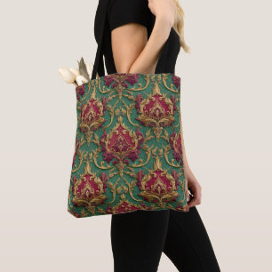 Emerald Burgundy Baroque Damask Tote Bag