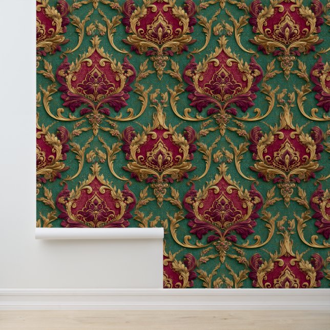 Emerald Burgundy Baroque Damask Wallpaper (Application)