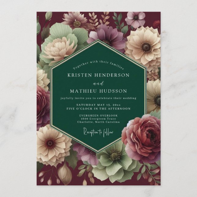 Emerald Burgundy Dramatic Bloom Wedding Invitation (Front)