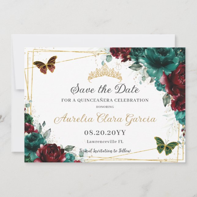 Emerald Burgundy Floral Quinceañera Sweet Sixteen  Save The Date (Front)