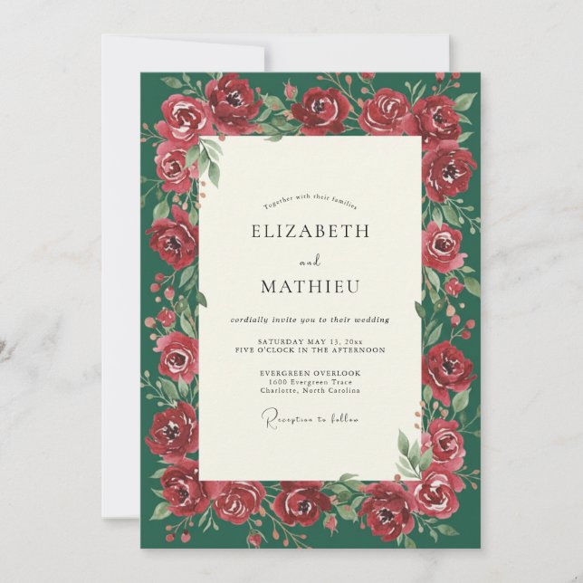 Emerald Burgundy Peony Wedding Invitation (Front)