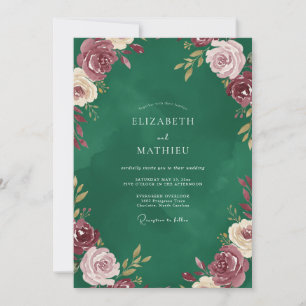 Emerald Burgundy Ranunculus Sage Wedding Invitation