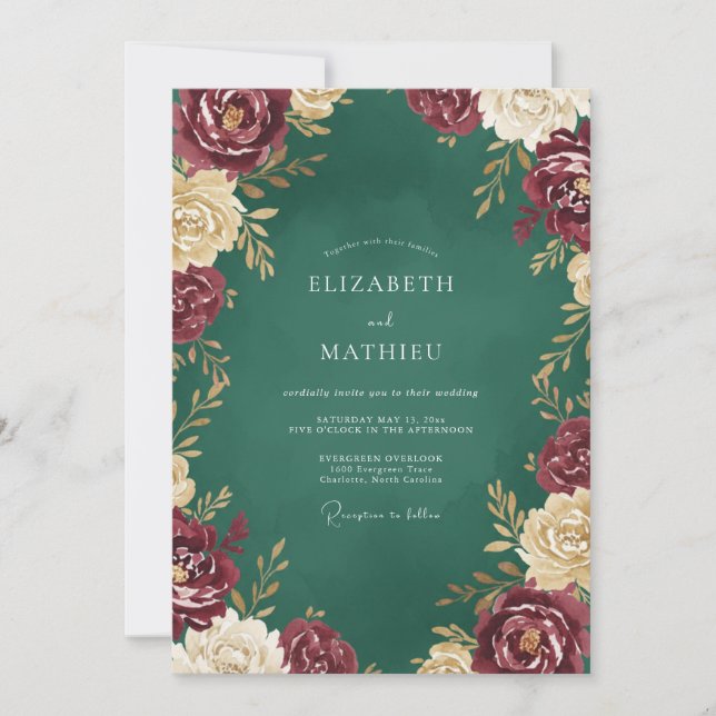 Emerald Burgundy Rose Wedding Invitation (Front)