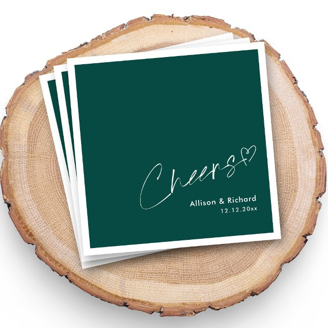 Emerald Cheers Wedding with Heart Napkin (Cheers To Love Personalized Emerald Green Wedding Napkins )