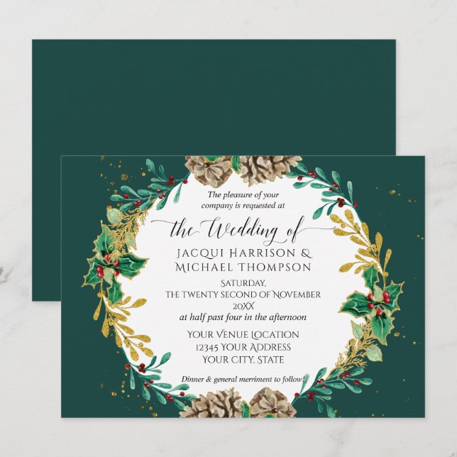 Emerald Christmas Watercolor Gold Pine Cone Wreath Invitation (Front/Back)