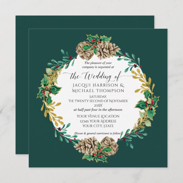 Emerald Christmas Watercolor Gold Pine Cone Wreath Invitation (Front/Back)
