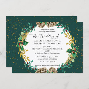 Emerald Christmas Watercolor Gold Pine Cone Wreath Invitation