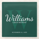 Emerald Classic Script Personalised Groomsmen Glass Coaster<br><div class="desc">Add a personal touch to your wedding with personalised groomsmen glass coaster. This coaster features personalised groomsman's name in white classic script font style with wedding details in white classic serif font style and monogram in light emerald green classic serif font style as background, on emerald green background. Also perfect...</div>