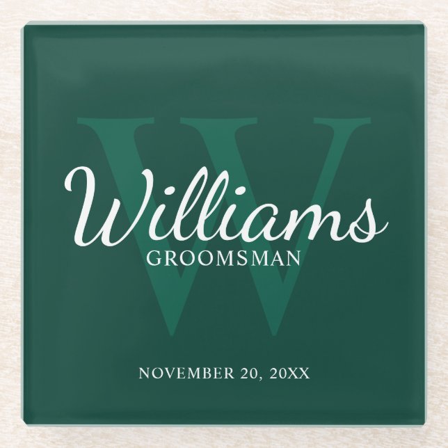 Emerald Classic Script Personalised Groomsmen Glass Coaster (Front)