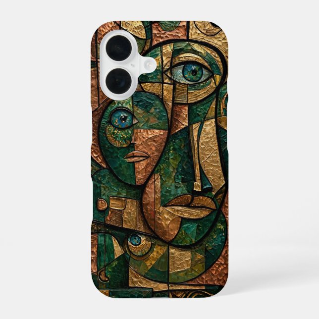 Emerald Copper Gold Cubist Triple Faces iPhone 16 Case (Back)