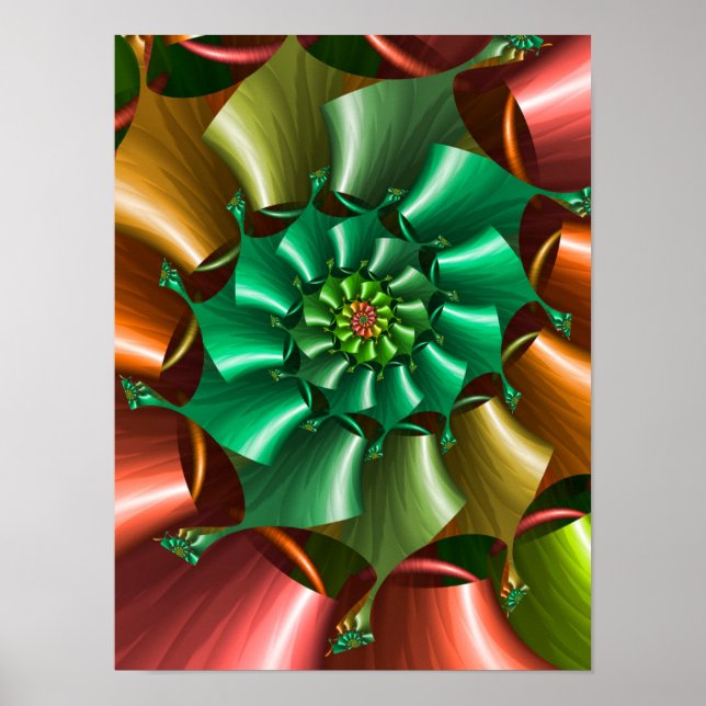 Emerald Copper Pinwheel Ribbon Abstract Fractal Poster (Front)