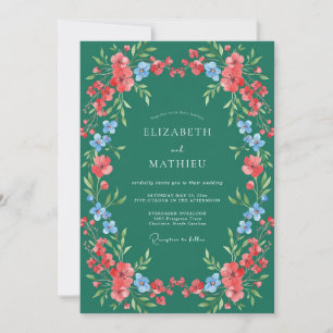 Emerald Coral Bloom Flourish Wedding Invitation