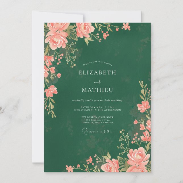 Emerald Coral Leaf Wedding Invitation (Front)